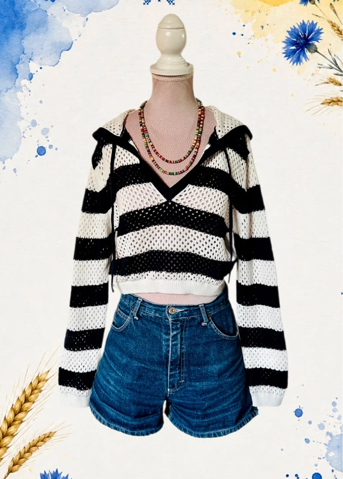 💙🌿Sweat rayé court en crochet à capuche Y2K Beachwear festival hoodie crop striped sweater S/M🌿💙